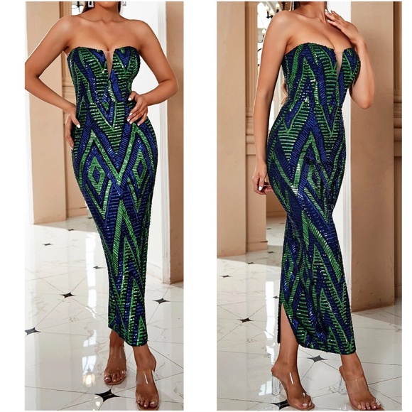 Luxe Sequin Strapless Fitted Sexy Party Bodycon Dress - Picture 6 of 7